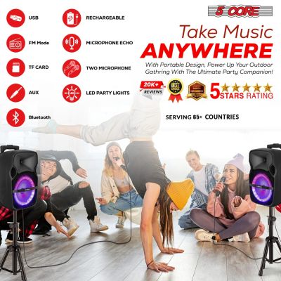 8 Inch TWS Bluetooth Party Speakers 250 W Portable Karaoke PA System Rechargeable Loudspeaker + Tripod Stand & 2x Wireless Mics LED Light