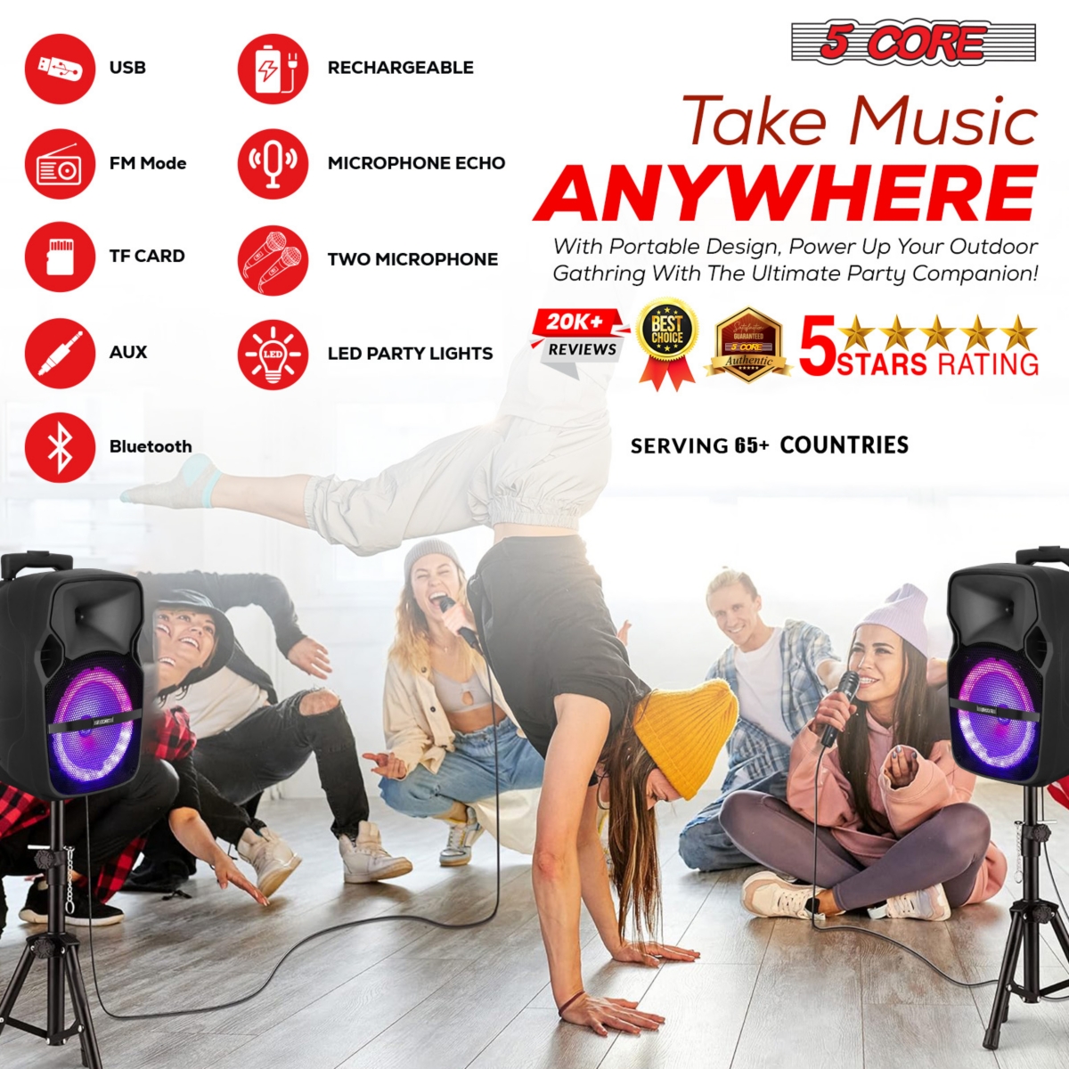 5 Core Tws Pair Bluetooth Party Speakers 250 W Portable Karaoke Pa System Rechargeable Loud Speaker + Tripod Stand & 2x Wireless Mics Led Light