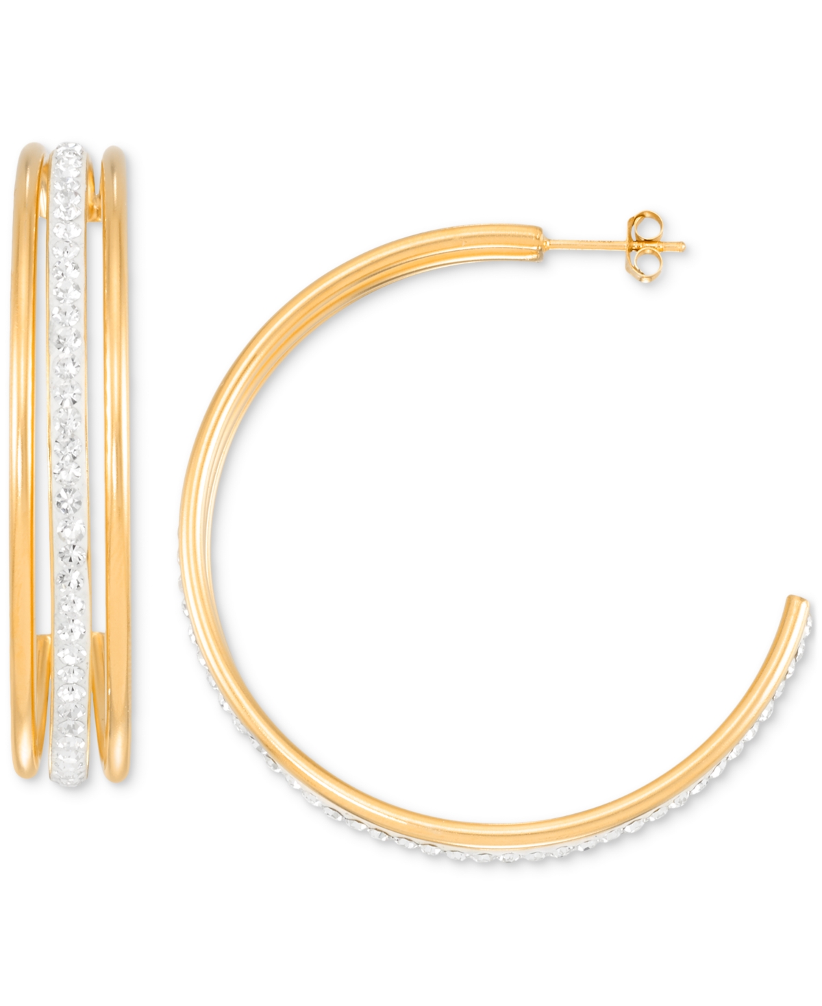Crystal Triple Row C-Shape Earrings in 18k Yellow Gold Over Sterling Silver or Sterling Silver (48mm) - White Gold Over Silver