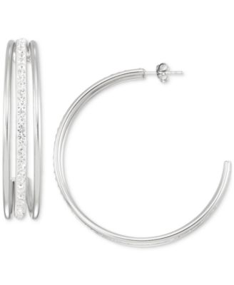 Simone I. Smith Crystal Triple Row C-Shape Earrings in 18k Yellow Gold Over Sterling Silver or Sterling Silver (48mm) - White Gold Over Silver