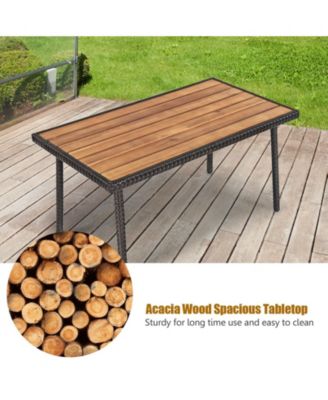 4 Pieces Patio Cushioned Wicker Conversation Set with Acacia Wood Tabletop