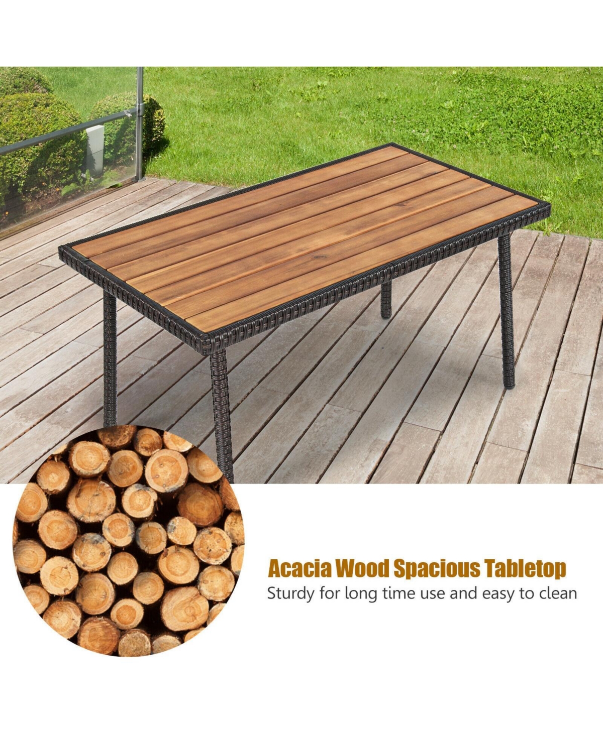 Sugift 4 Pieces Patio Cushioned Wicker Conversation Set with Acacia Wood Tabletop