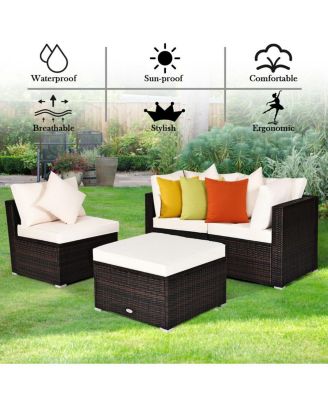 4 Pcs Ottoman Garden Deck Patio Rattan Wicker Furniture Set Cushioned Sofa-White