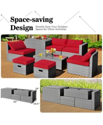 8 Pieces Patio Rattan Furniture Set with Storage Waterproof Cover and Cushion-Red