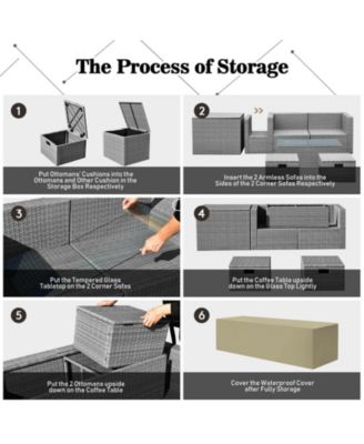 8 Pieces Patio Rattan Furniture Set with Storage Waterproof Cover and Cushion-Red