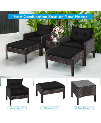 5 Pieces Patio Rattan Sofa Ottoman Furniture Set with Cushions-Black