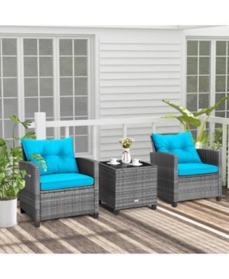 3 Pieces Outdoor Wicker Conversation Set with Tempered Glass Tabletop-Turquoise