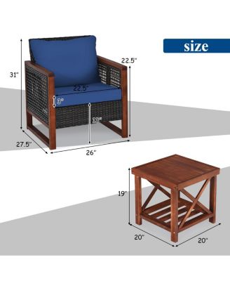 3 Pieces Patio Wicker Furniture Set with Acacia Wood Coffee Table and Washable Cushion-Navy