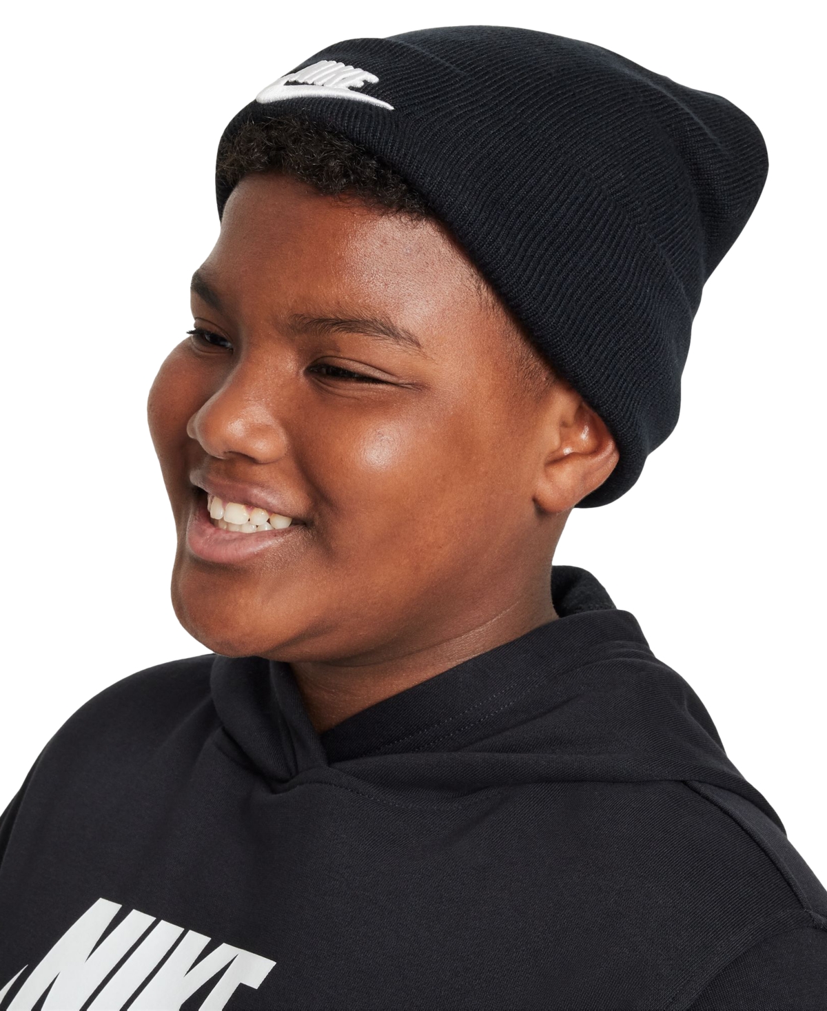 Nike Big Kids Peak Logo Embroidered Ribbed-knit Beanie In Black,(white)