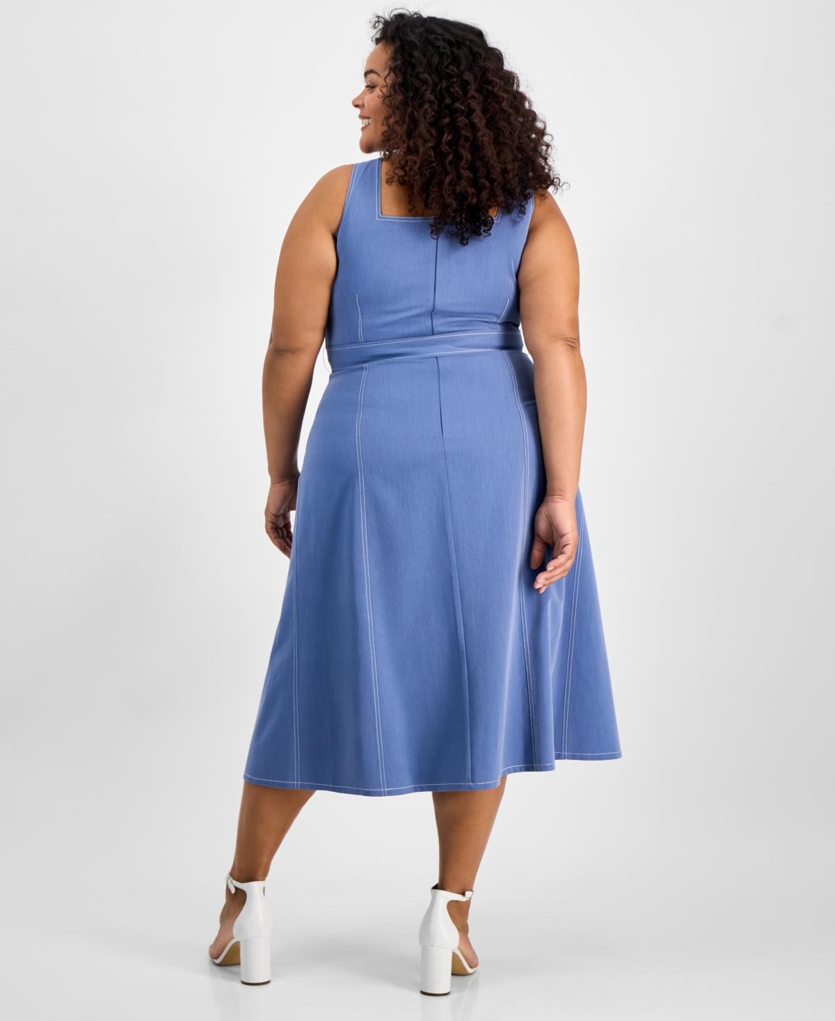 TAHARI TAHARI PLUS SIZE DENIM BELTED SQUARE-NECK MIDI DRESS 