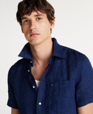 Men's Short-Sleeve Pigment-Dyed Linen Button-Front Shirt