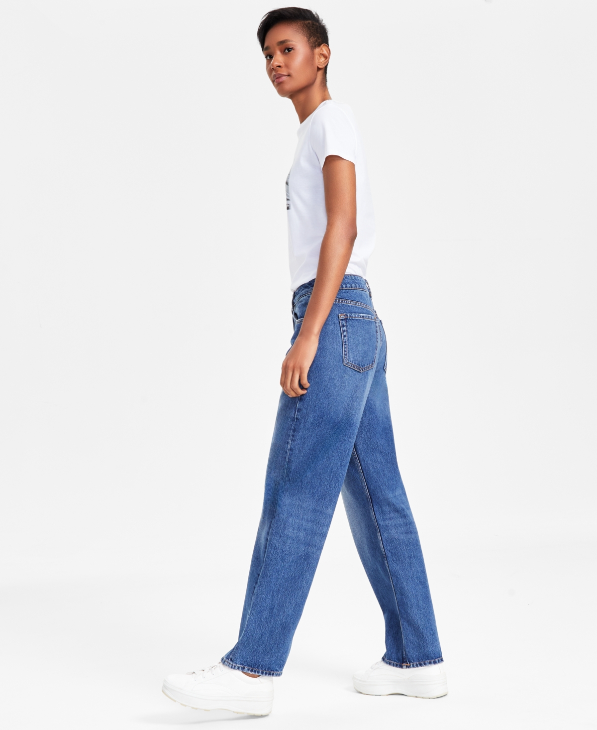 HUGO BOSS WOMEN'S HIGH-RISE FADED-FRONT STRAIGHT-LEG COTTON DENIM JEANS 