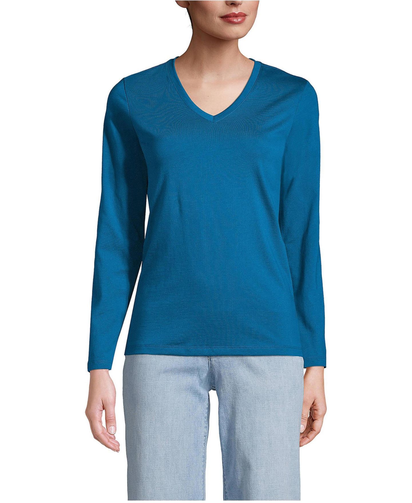 Женская футболка Lands' End Relaxed Supima Cotton Long Sleeve V-Neck, цвет: Бирюзовый — фото 1