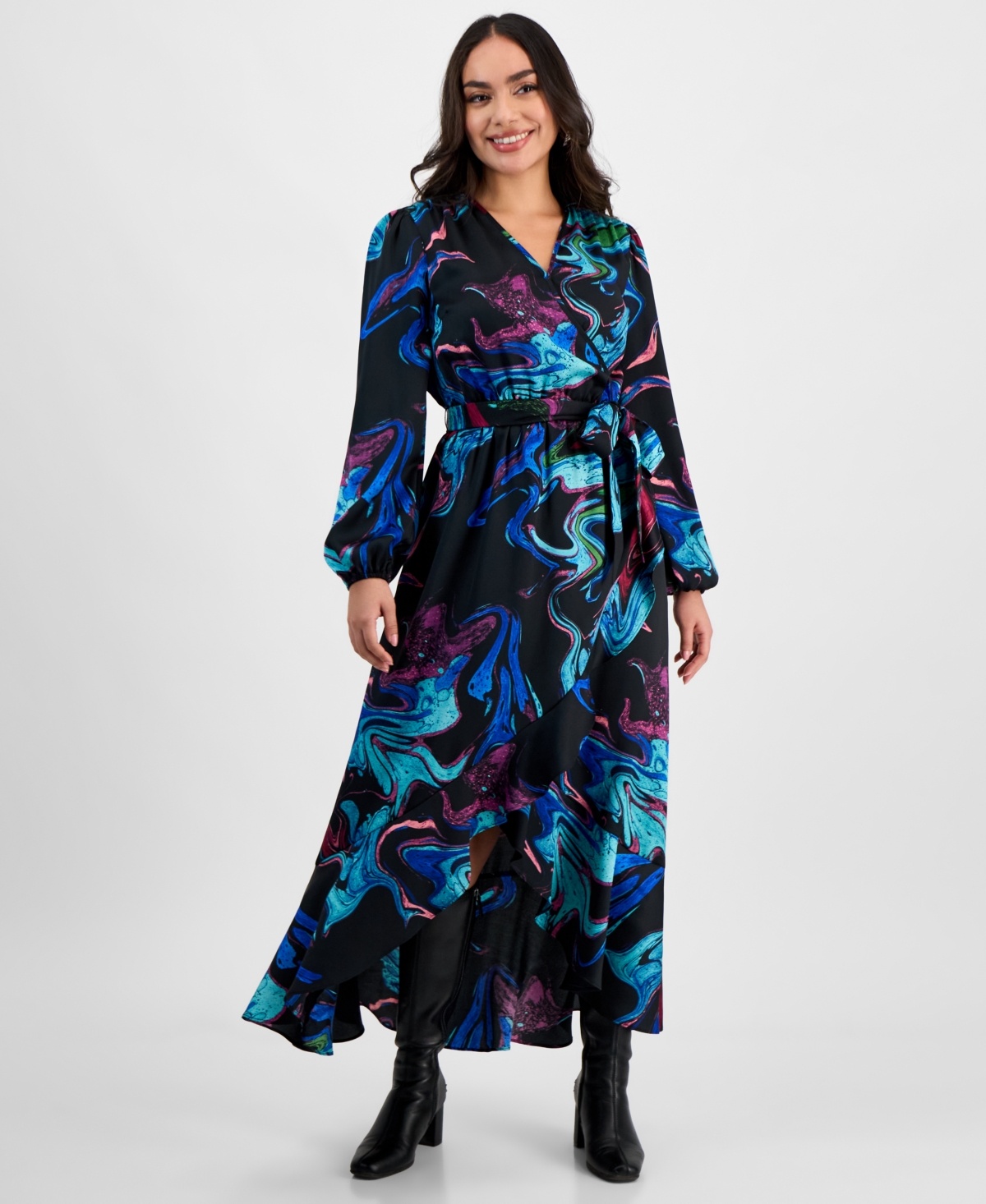 INC INTERNATIONAL CONCEPTS PETITE PRINTED SURPLICE RUFFLED MAXI DRESS, EXCLUSIVELY AT MACY'S 