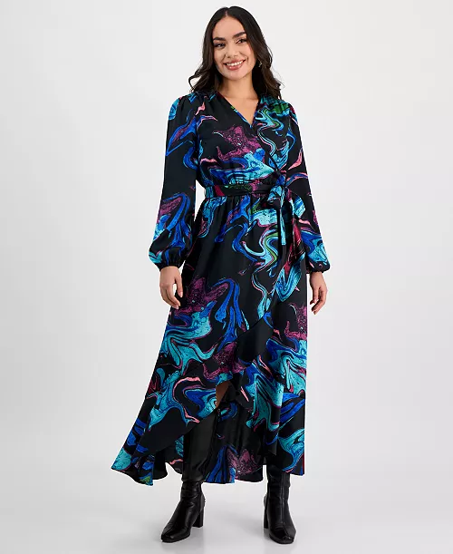 petite printed surplice ruffled maxi dress, exclusively at macy's