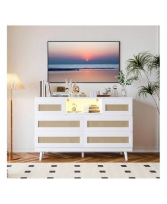 Natural Rattan Dresser For Bedroom With LED Light And Charging Station, 6 Drawer Double Dressers, Modern Wooden Dresser Chest, Beside Table For Closet, Nursery, Living Room