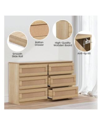 1 Pc Wood & Rattan Dresser 6 Drawers Modern Wide Chest Anti-Tip Kit Bedroom Storage