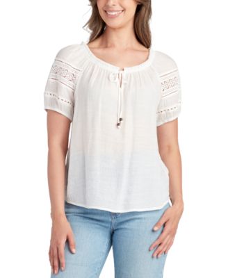 BCX - Juniors' Scoop-Neck Lace-Trim Puffed-Sleeve Top