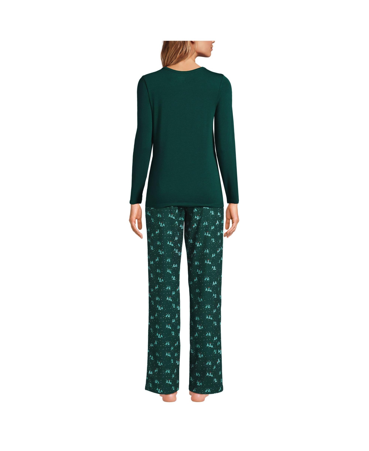 Lands' End Women's Pajama Set Knit Long Sleeve T-Shirt and Flannel Pants
