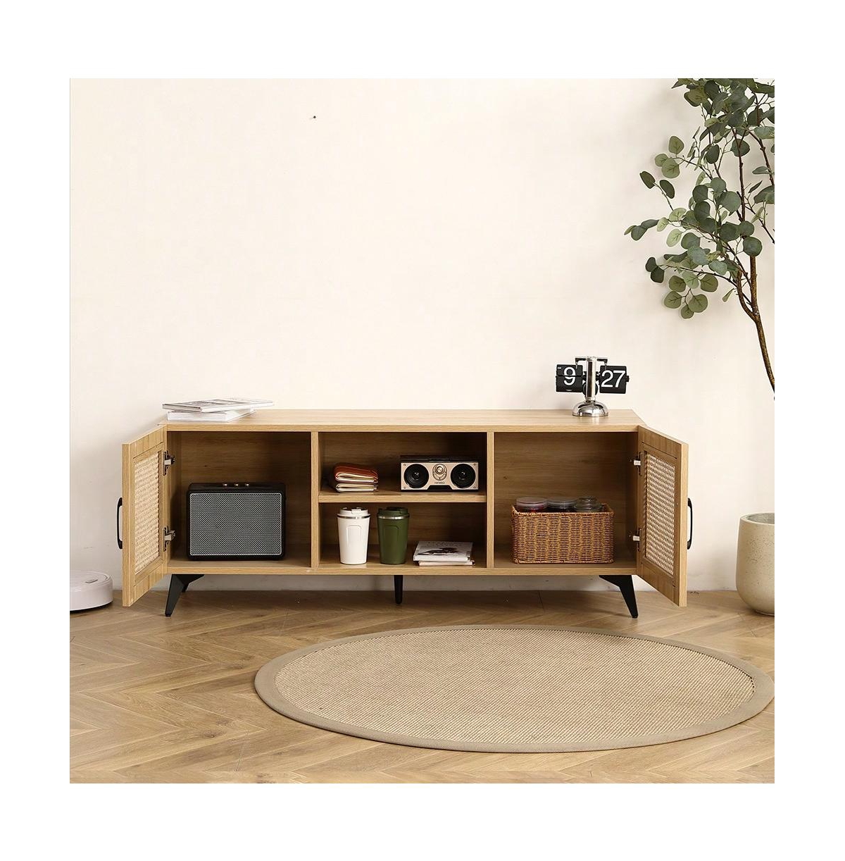 gaomon Tv Stand, Rattan Dresser Tv Stand With 2 Open Shelves And Doors, 2 Storage Spaces Farmhouse Entertainment Console Table For Living Room 51.2x16
