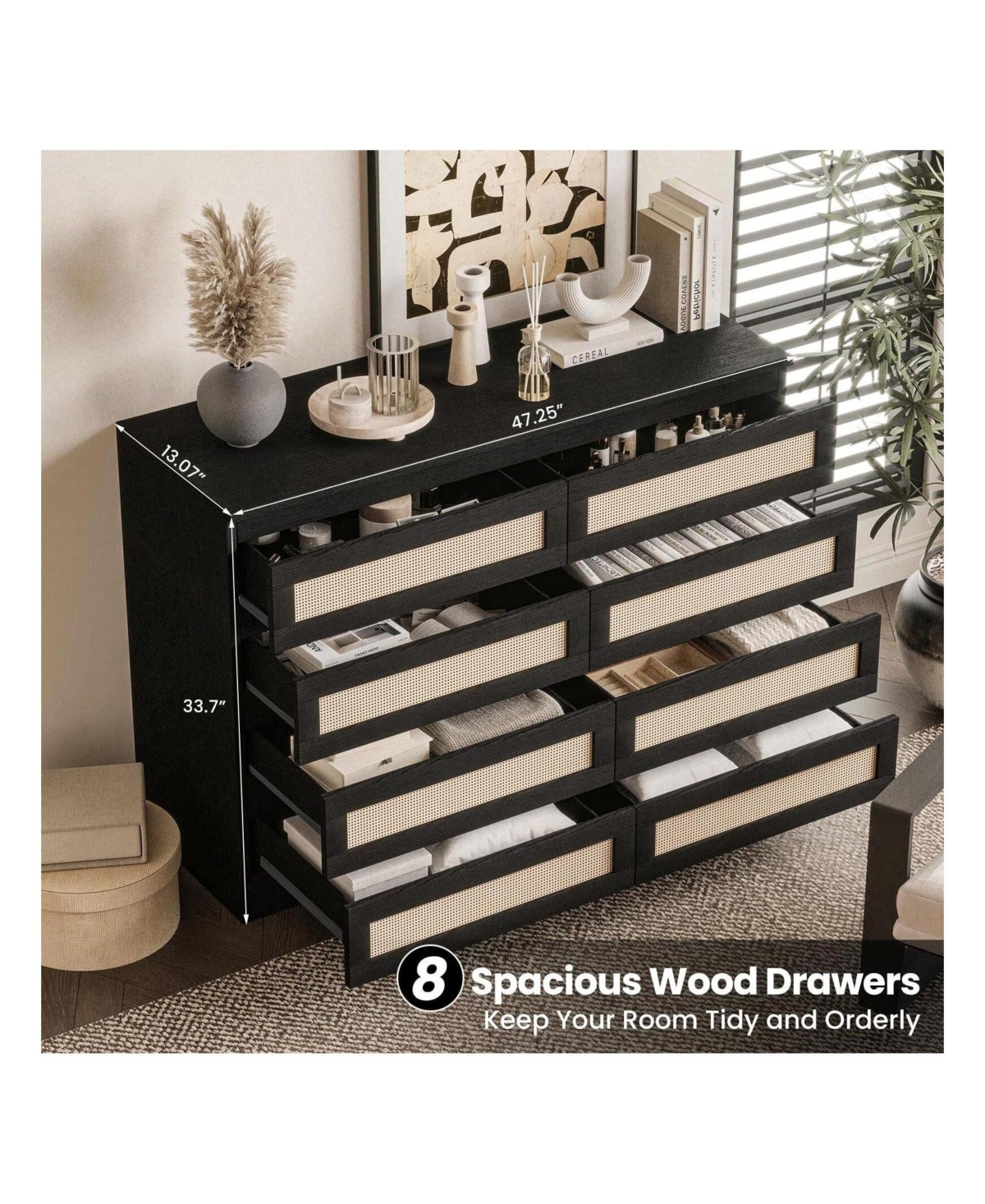 gaomon 8 Drawer Double Dresser For Bedroom, Rattan Chest Of Dressers, Modern Wooden Dresser Chest