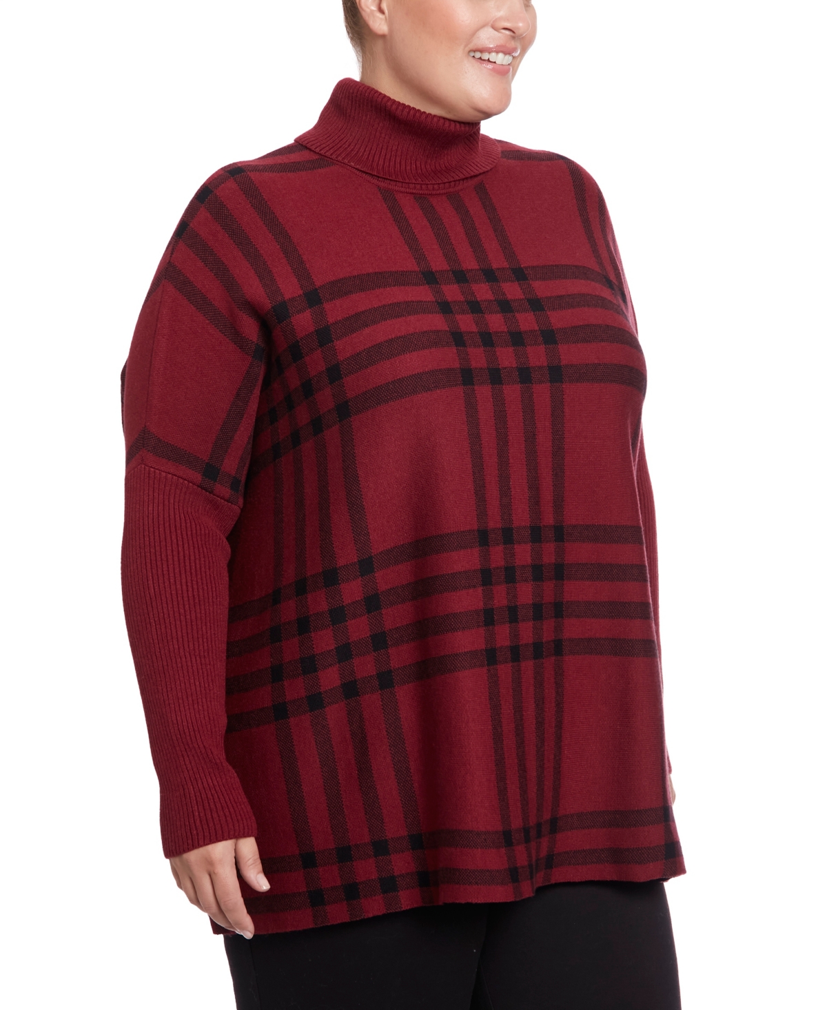 Joseph A Joesph A Plus Size Plaid Turtleneck Poncho Sweater In Simple Plaid Cabernet