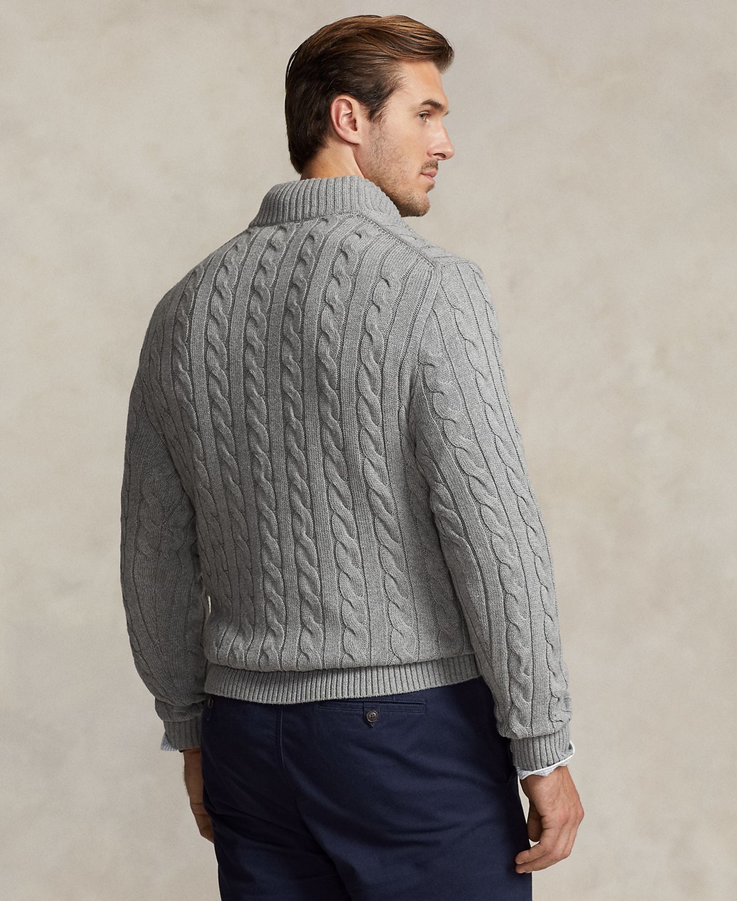 Мужской свитер Polo Ralph Lauren Big & Tall Cable-Knit Cotton Quarter-Zip, цвет: Палевый серый меланжевый — фото 8