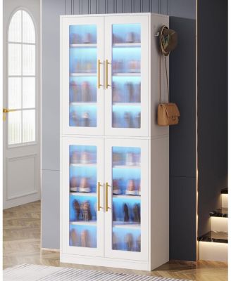 8-Tier Engineered Wood Shoe Organizer Cabinet with Acrylic Doors, LED Lights, Adjustable Shelves & Hooks