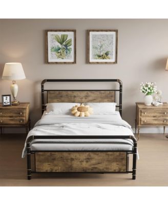 Queen Metal Bed Frame with Wood Headboard & Footboard, Heavy Duty Platform Bed Frame with 14" Under-Bed Storage