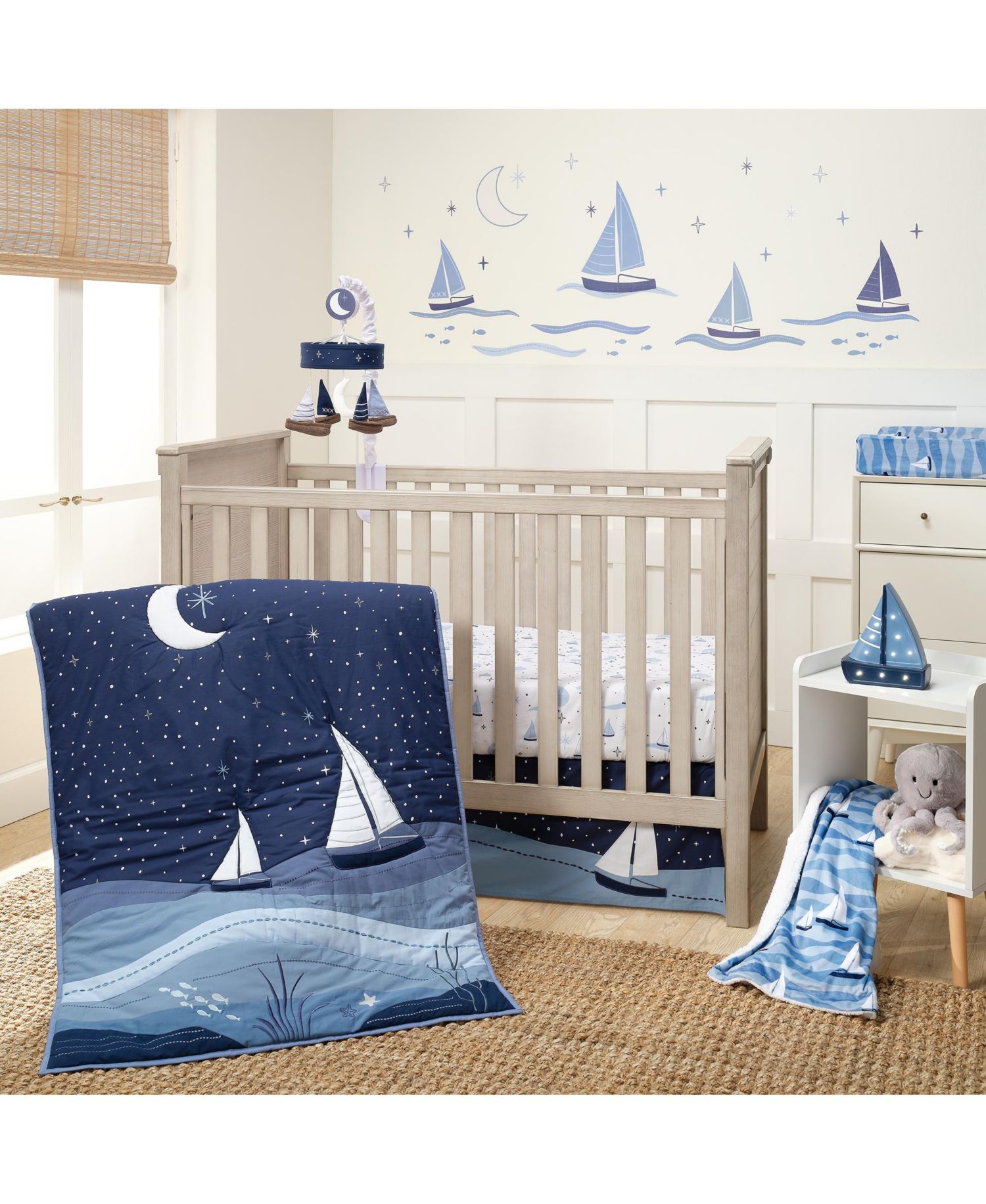 Lambs and Ivy Little Skipper Sailboat and Moon Musical Baby Crib Mobile Soother Toy
