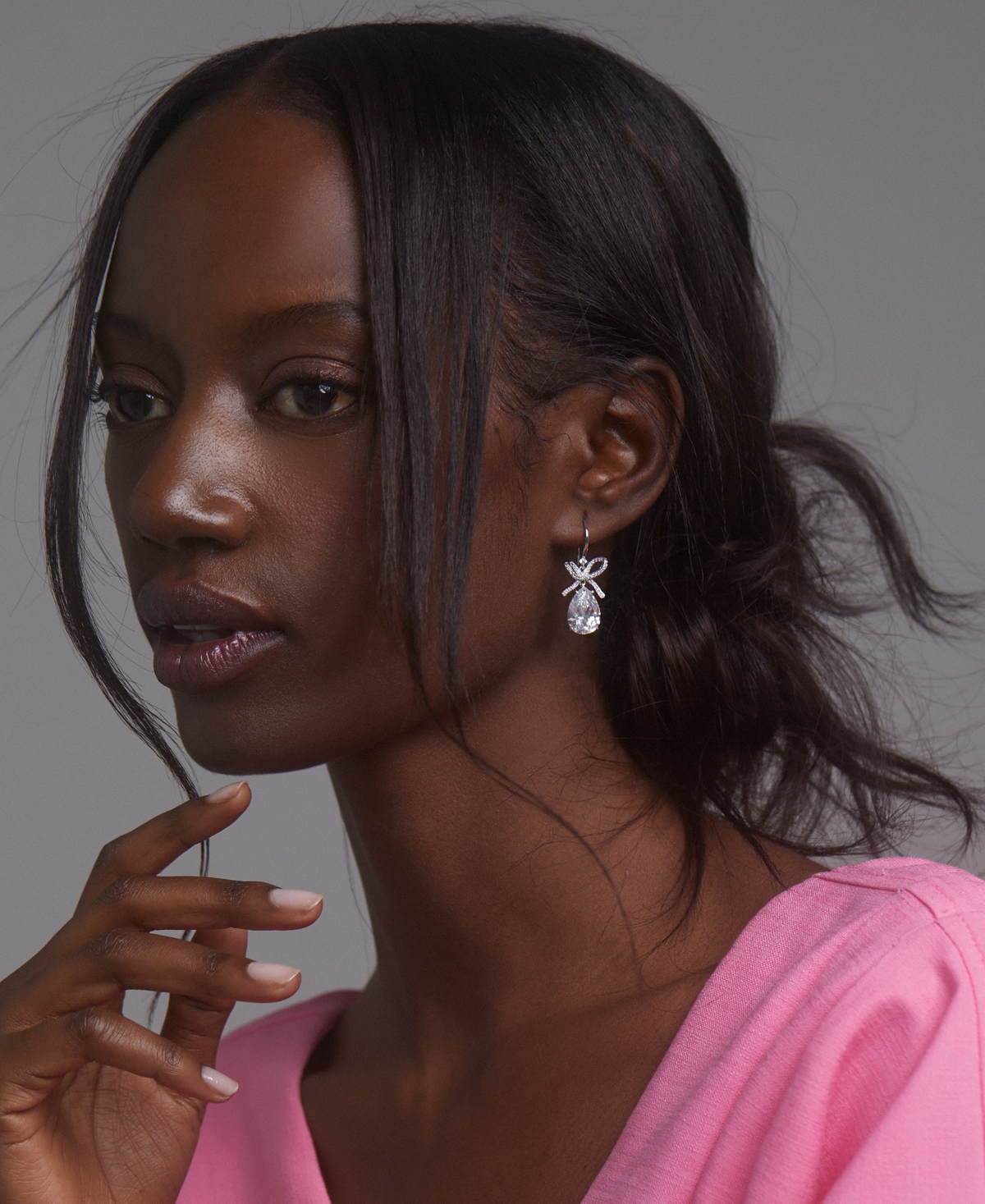 Eliot Danori Silver-tone Pave Bow & Pear-shape Cubic Zirconia Drop Earrings, Exclusively At Macy's In Rhodium