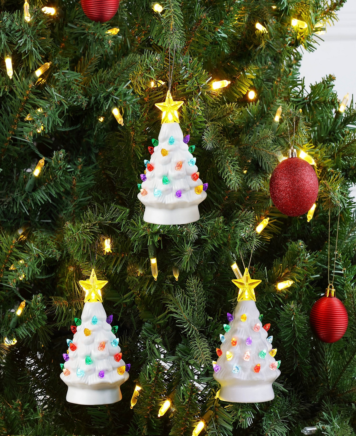 Mr. Christmas 5" Nostalgic Ceramic Tree Ornaments, Set Of 3 In White