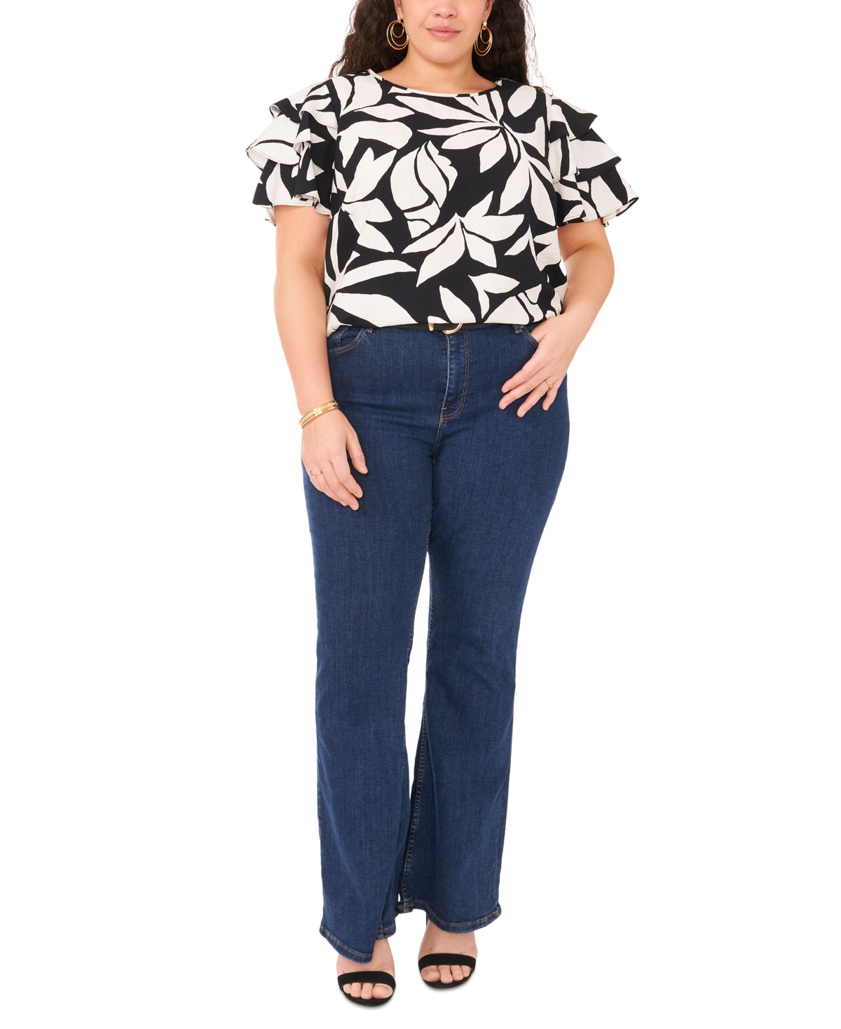 Vince Camuto Plus Size Printed Tiered-Ruffle-Sleeve Top