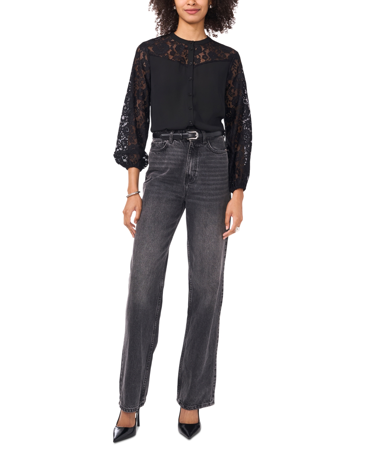 Shop Vince Camuto Women's Lace Yoke Button-front Top In Rich Black