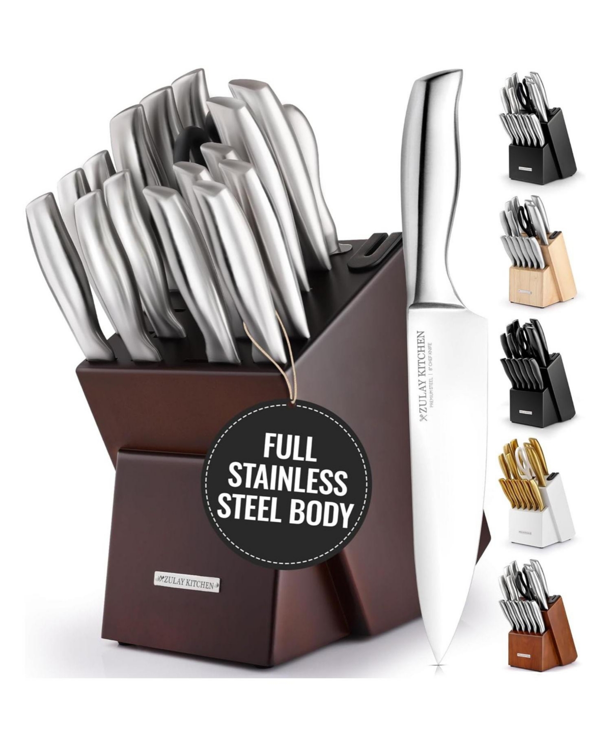 Zulay Kitchen 18 Piece Stainless Steel Knife Set with Block and Sharpener