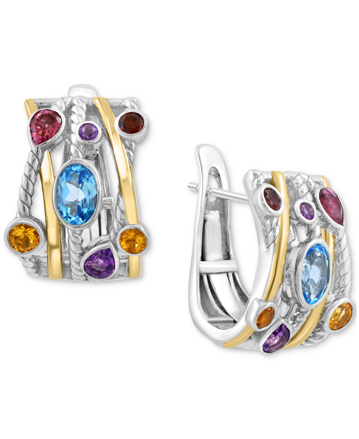 Effy Collection Effy Multi-gemstone Mixed Cut Small Huggie Hoop Earrings (2-1/2 Ct. T.w.) In Sterling Silver & 14k G In Multi Gemstone