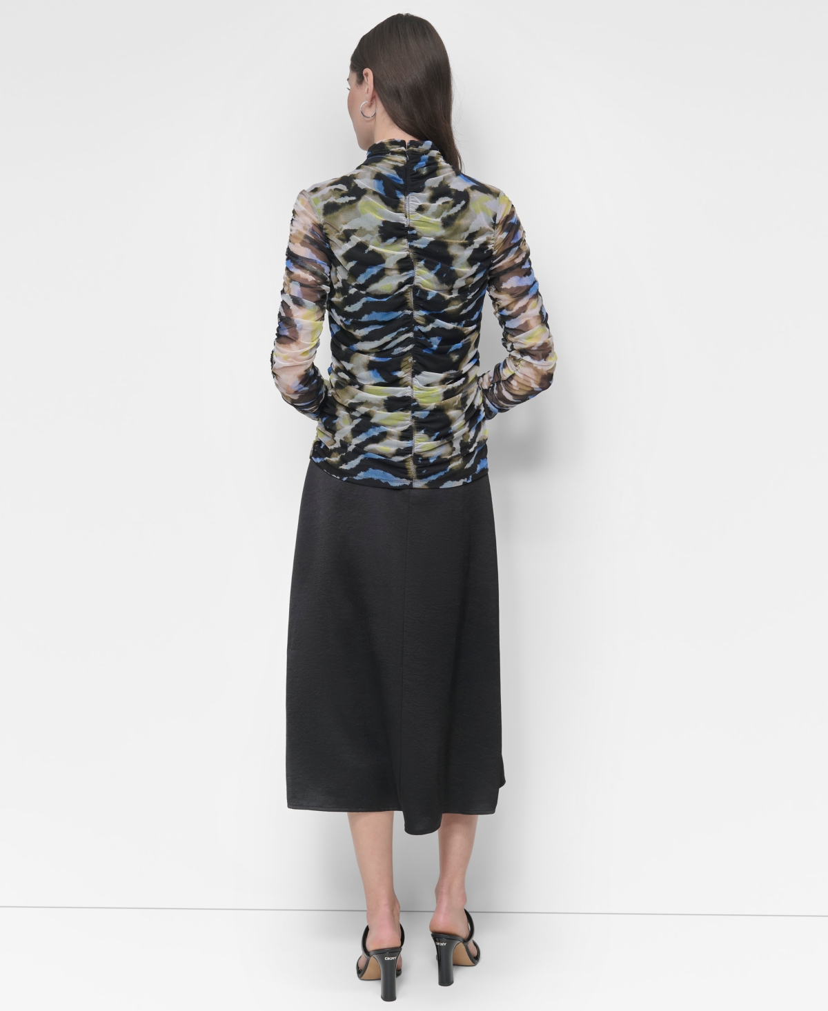 Dkny Women's Printed Mock-Neck Long-Sleeve Ruched Mesh Top