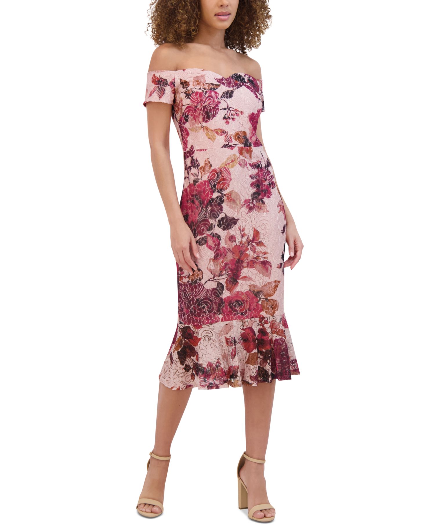 Women's Off-the-Shoulder Printed Floral Lace Midi Dress