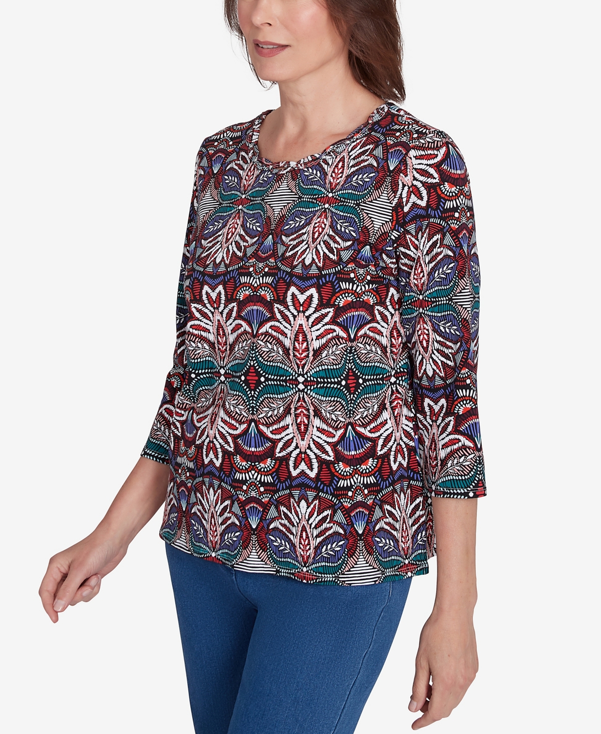Alfred Dunner Petite Key Items Abstract Leaf Print Three Quarter Sleeve Top In Multi