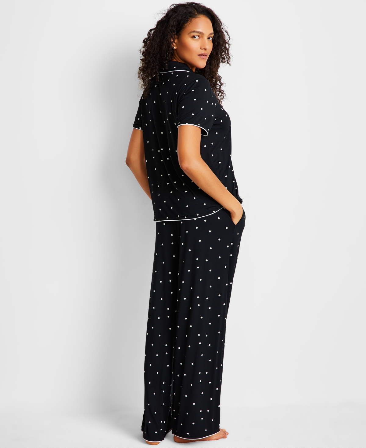 State Of Day Women's Fluid Knit Notched Pajama Set, Exclusively At Macy's In Deep Black