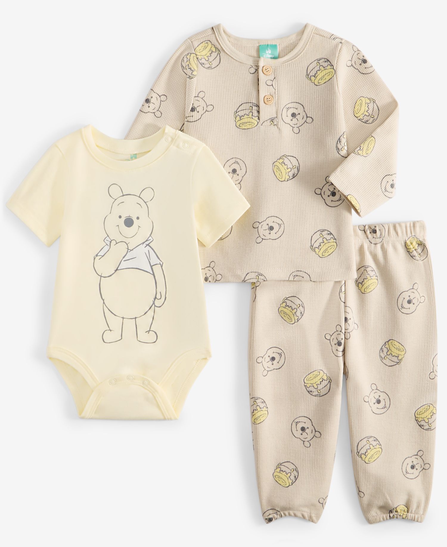 Baby Boys Winnie-the-Pooh Bodysuit, Thermal Henley Top & Thermal Pants, 3 Piece Set