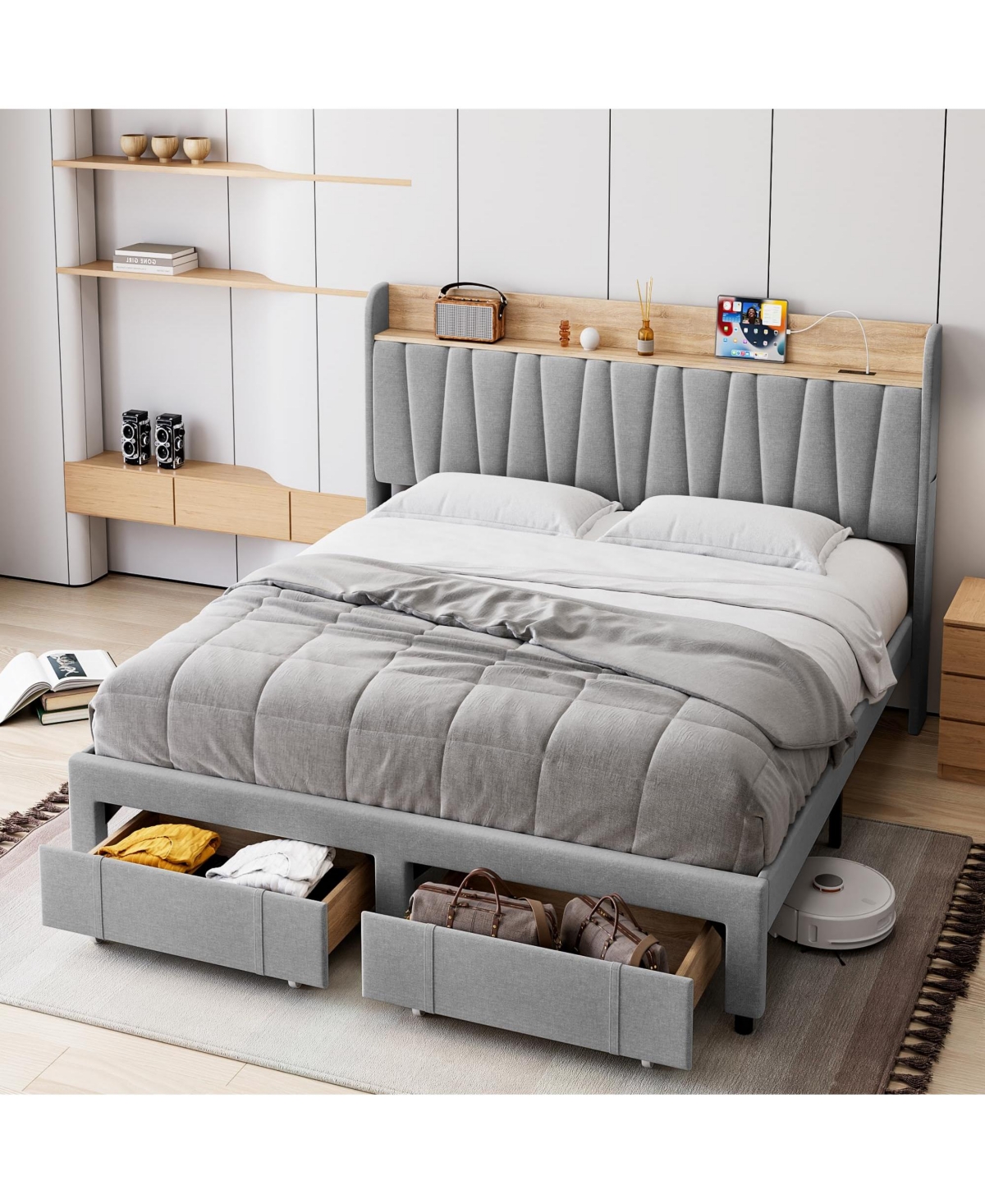 gaomon Full Size Bed Frame with 2 Storage Drawers, Upholstered Mattress Foundation with Storage Headboard and Charging Station