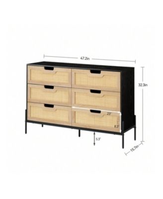 1-Pc 6-Drawer Dresser Wood Rattan Front Metal Legs Spacious Storage Chest
