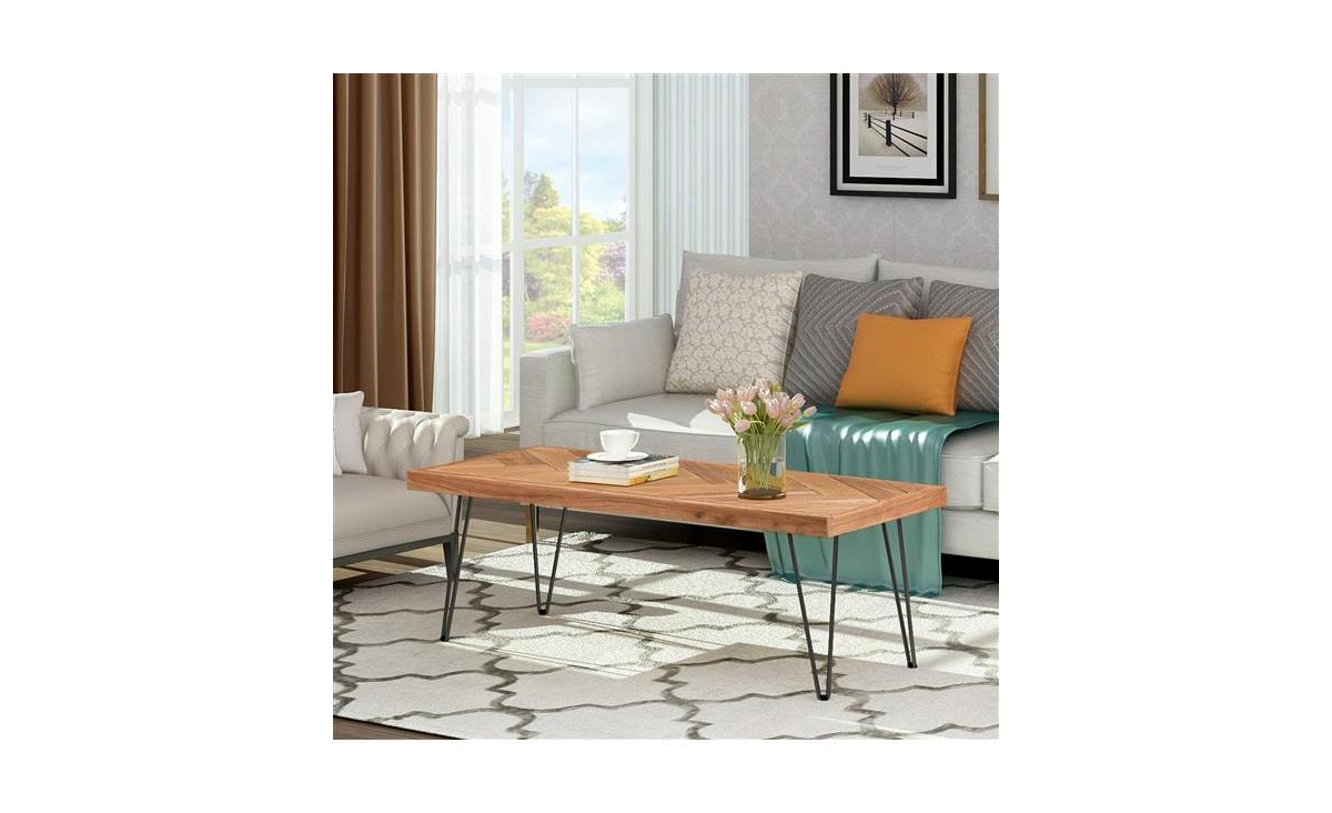 Slickblue Modern Coffee Table with Chevron Pattern - Easy Assembly Tea and Cocktail Table with Metal Hairpin Legs, Ash Wood Finish for Living Room - N