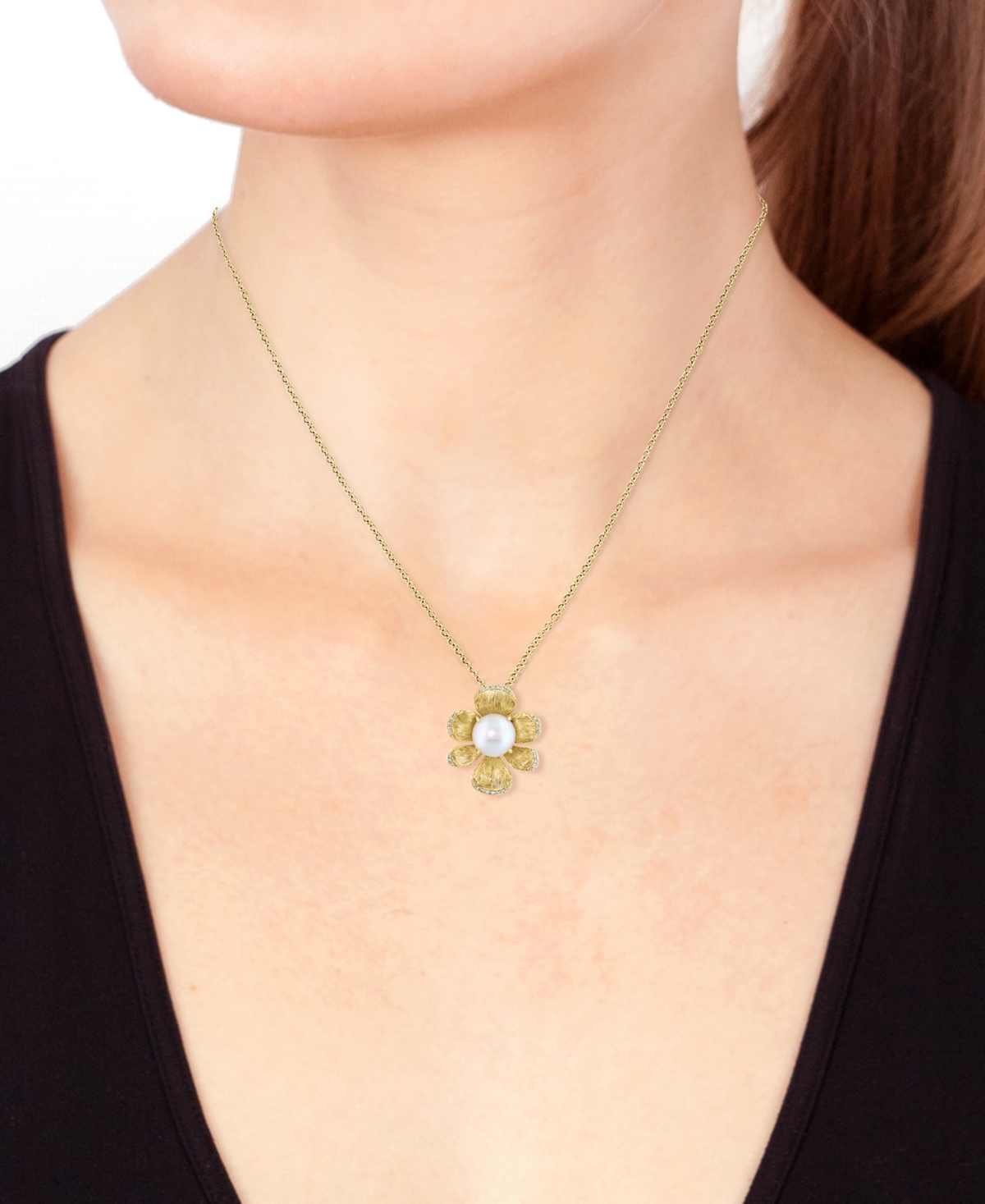 Shop Effy Collection Cultured Freshwater Pearl (9.5mm) & Diamond Flower Pendant Necklace (1/6 Ct. T.w.) In 14k Yellow Gol In Gold