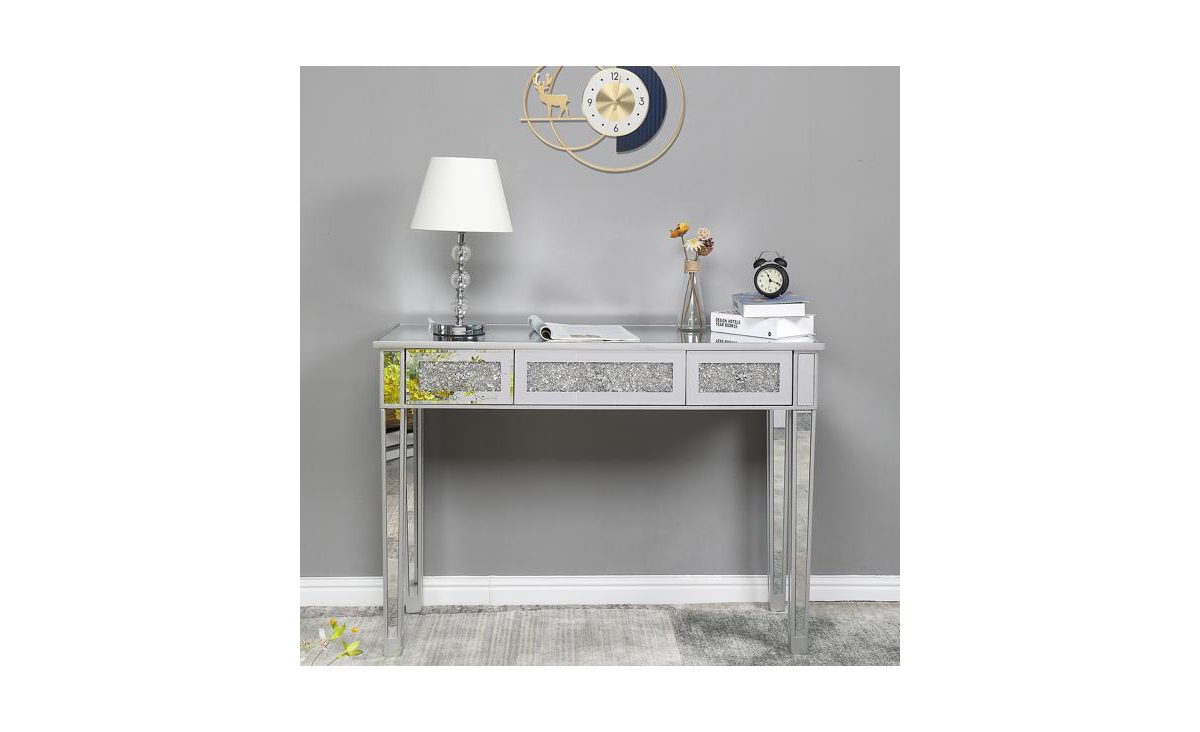 SlickblueMdf Mirror Surface Computer Desk with Broken Glass Stylish Three-Pump Design - Silver
