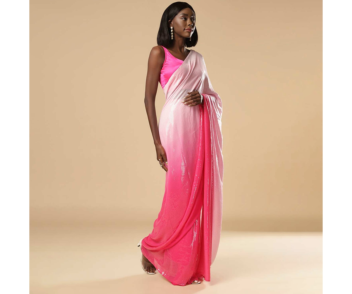 One Minute Saree Petite Kajol White & Pink Ombre Sequins Ready to Wear Sari - White  pink