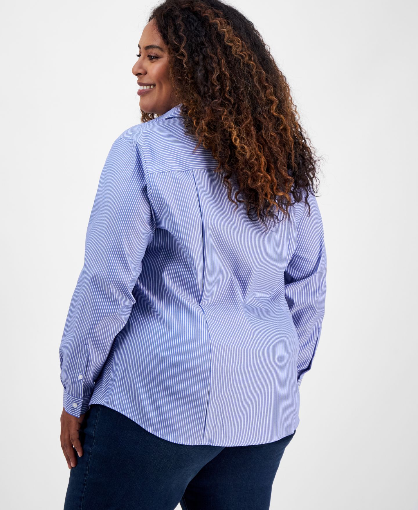 Женская рубашка Jones New York Plus Size Cotton Striped Button-Front, цвет: Синий / Белый — фото 4