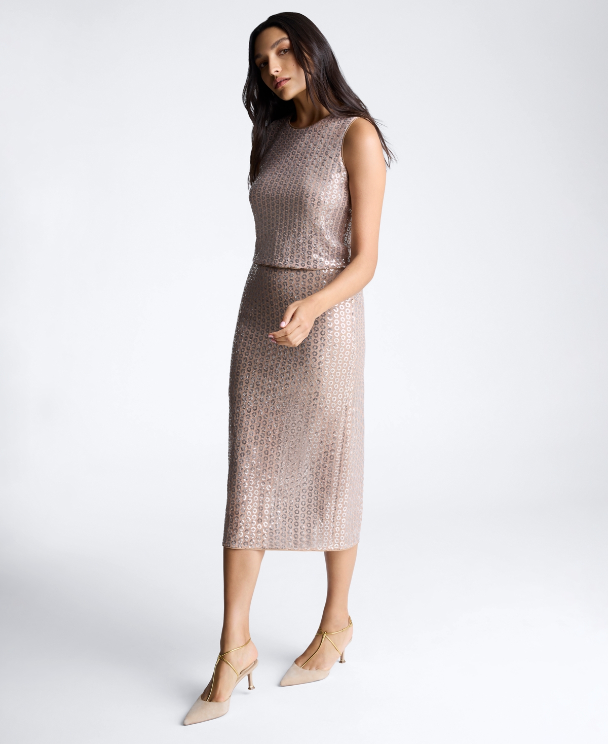 Kenneth Cole Women's Sequin Mesh Midi Skirt -Nude