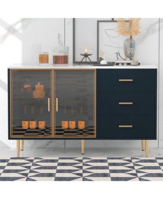 Modern MDF Sideboard Buffet Cabinet with Marble Top, Amber-Yellow Glass Doors & Gold Metal Legs